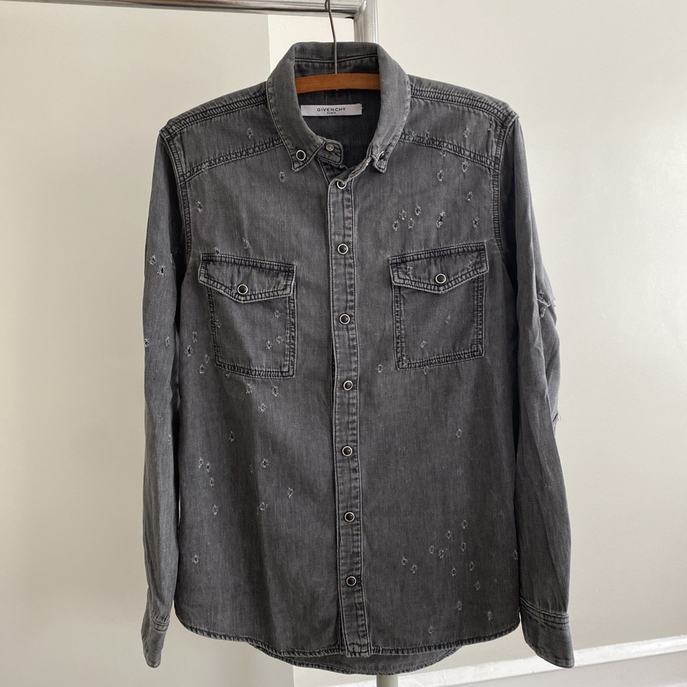 Givenchy Denim Distressed Pearl Snap Western Shirt Womens Size 38 Washed Black